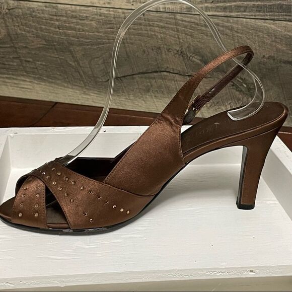 Metaphor Brown Peep Toe 3.5” Heel With Rhinestones and Buckle Ankle Strap Size 9 - Picture 6 of 15